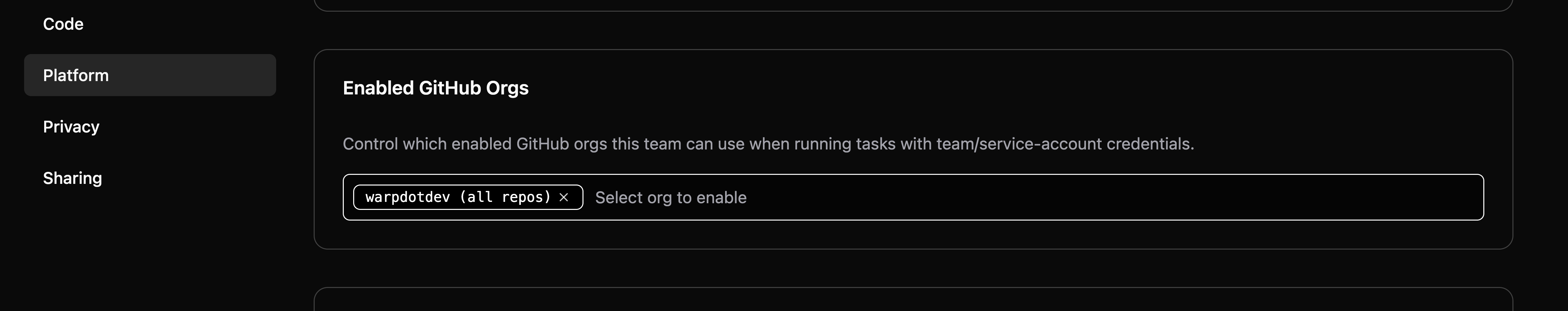 Enabled GitHub Orgs setting in the Admin Panel Platform section